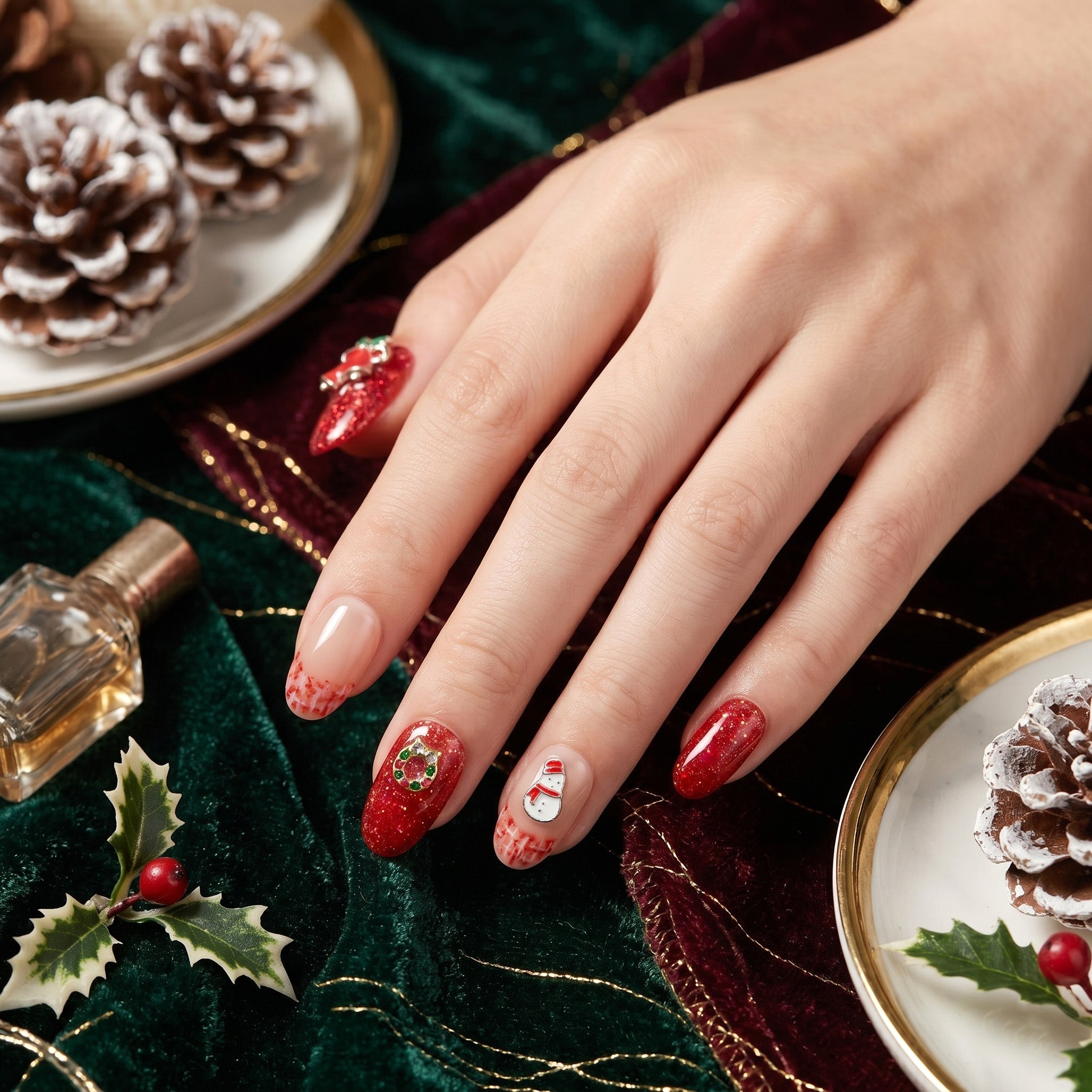 Handmade Medium Oval Press-On Nails - Red Green Glitter Christmas Snowman 10 Pcs #142