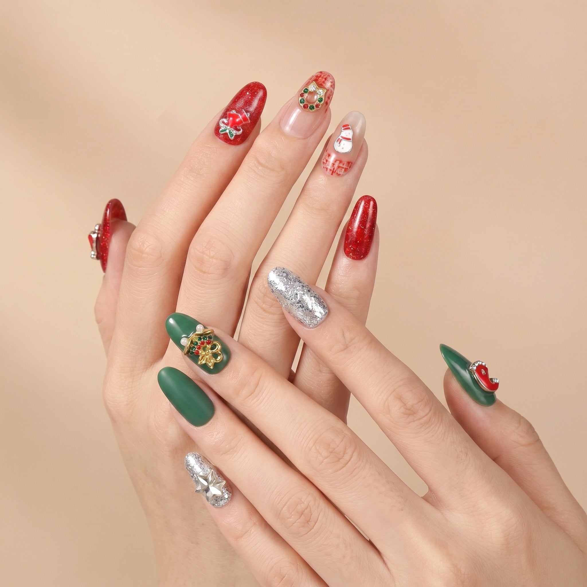 Handmade Medium Oval Press-On Nails - Red Green Glitter Christmas Snowman 10 Pcs #142