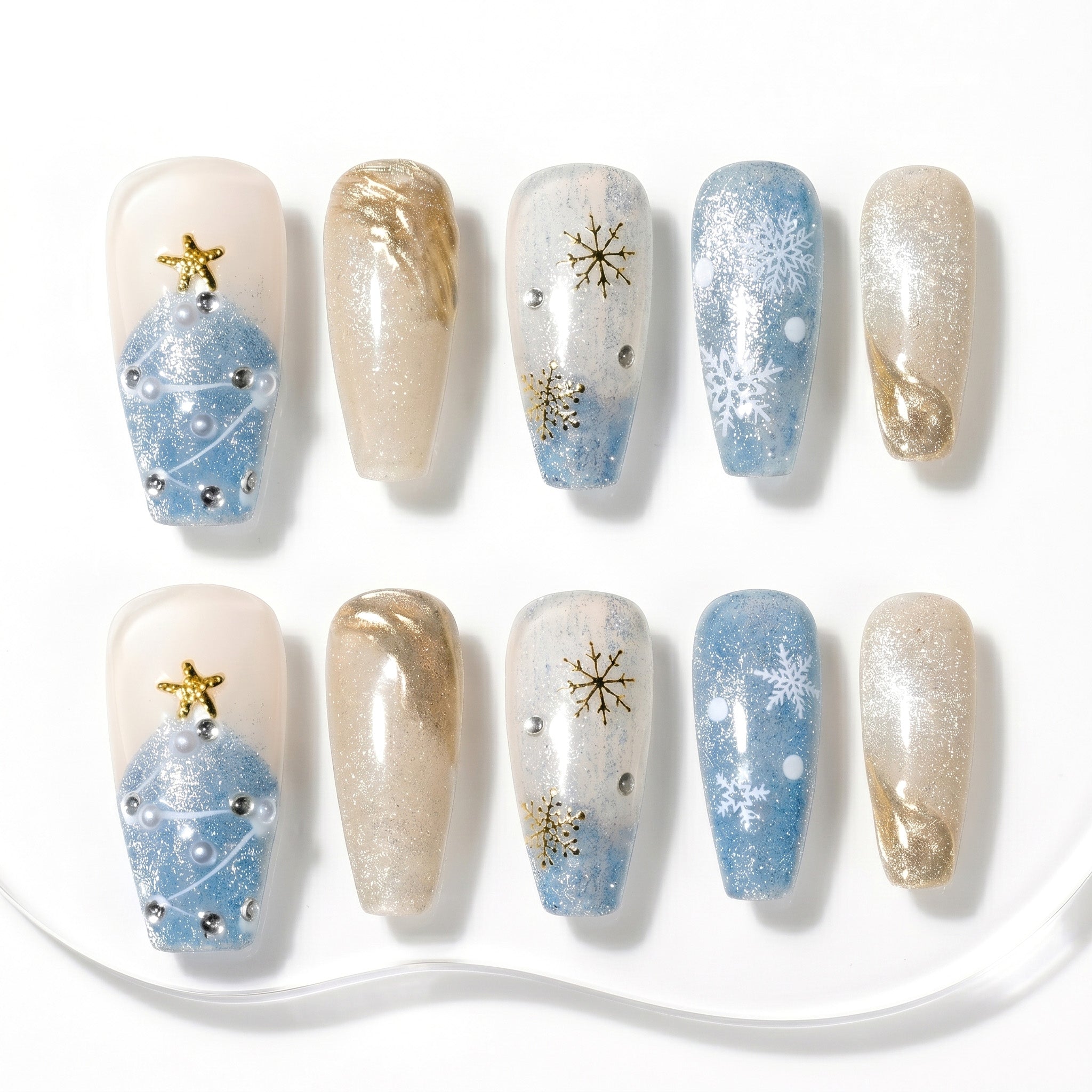 Handmade Medium Coffin Ballerina Press-On Nails - Blue White Purple Snowflake Glitter Christmas 10 Pcs #143