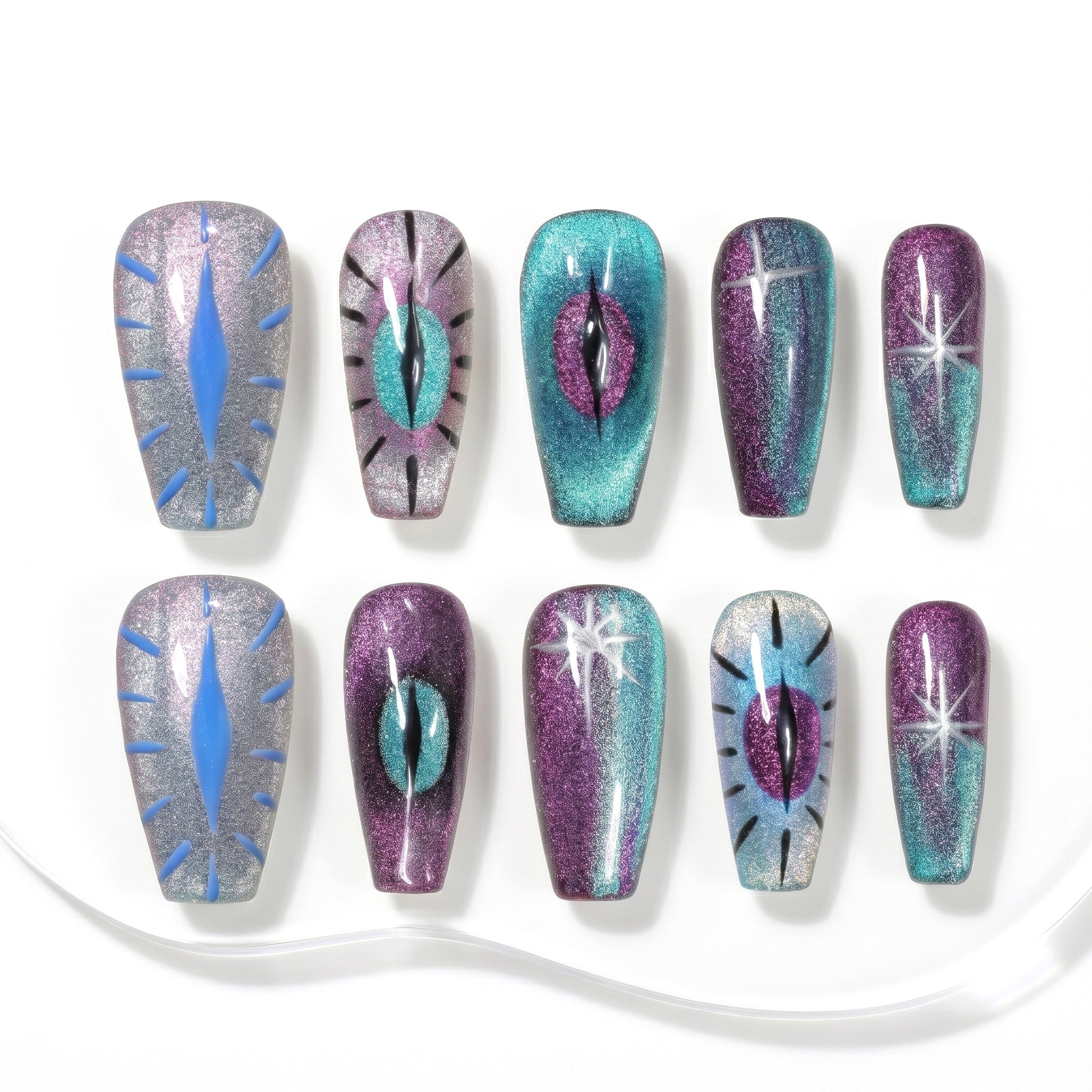 Handmade Medium Coffin Ballerina Press-On Nails - Colorful Blue Green Evil eye Hand-Painted Magnet 10 Pcs #144