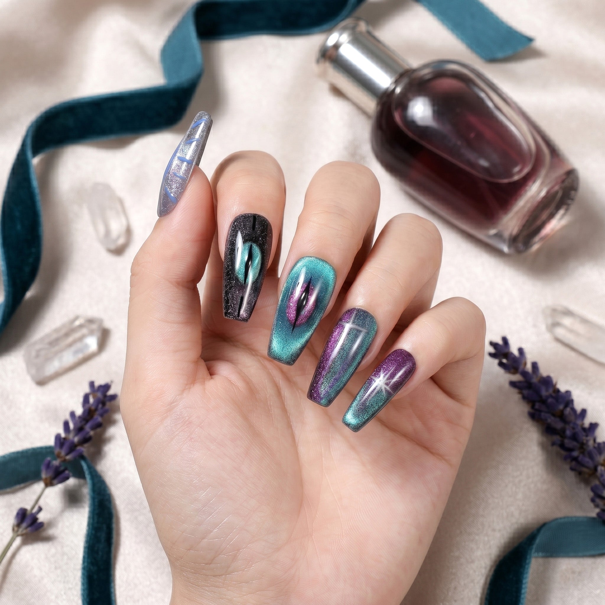 Handmade Medium Coffin Ballerina Press-On Nails - Colorful Blue Green Evil eye Hand-Painted Magnet 10 Pcs #144