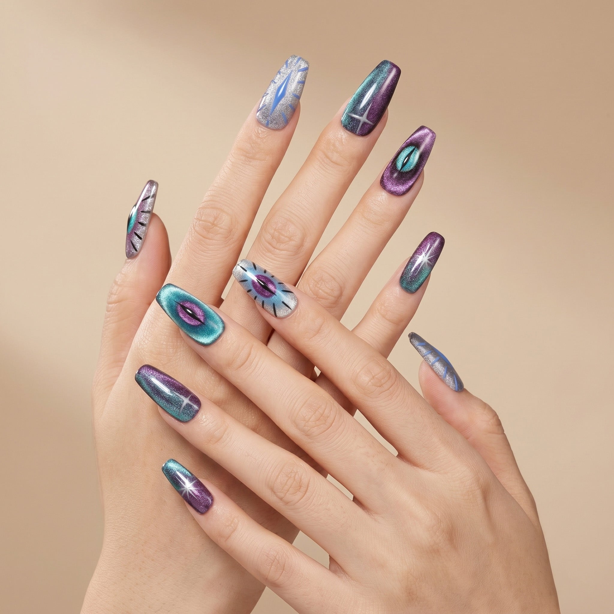 Handmade Medium Coffin Ballerina Press-On Nails - Colorful Blue Green Evil eye Hand-Painted Magnet 10 Pcs #144