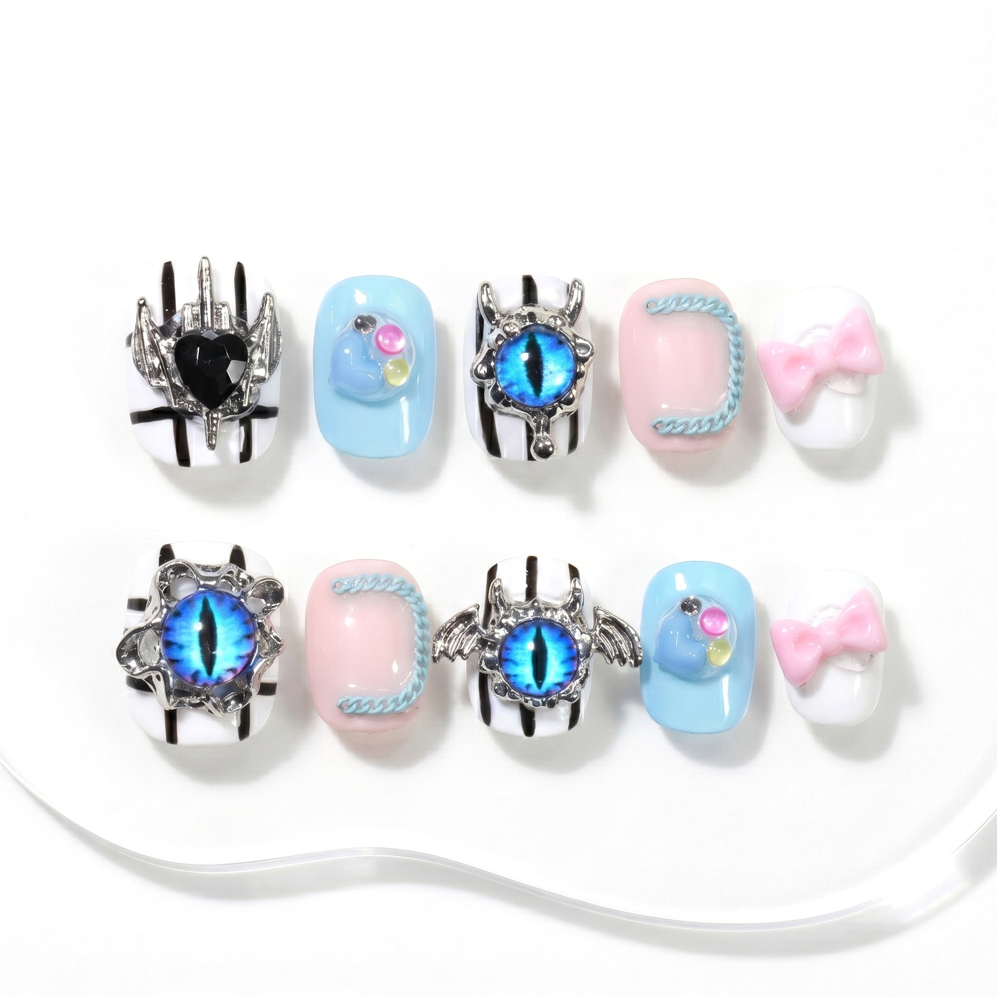 Handmade Short Squoval Round Press-On Nails - Blue Pink 3D Y2K Evil eye 10 Pcs #147
