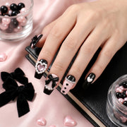 Handmade Short Coffin Ballerina Press-On Nails - Pink Black Bow 10 Pcs #149