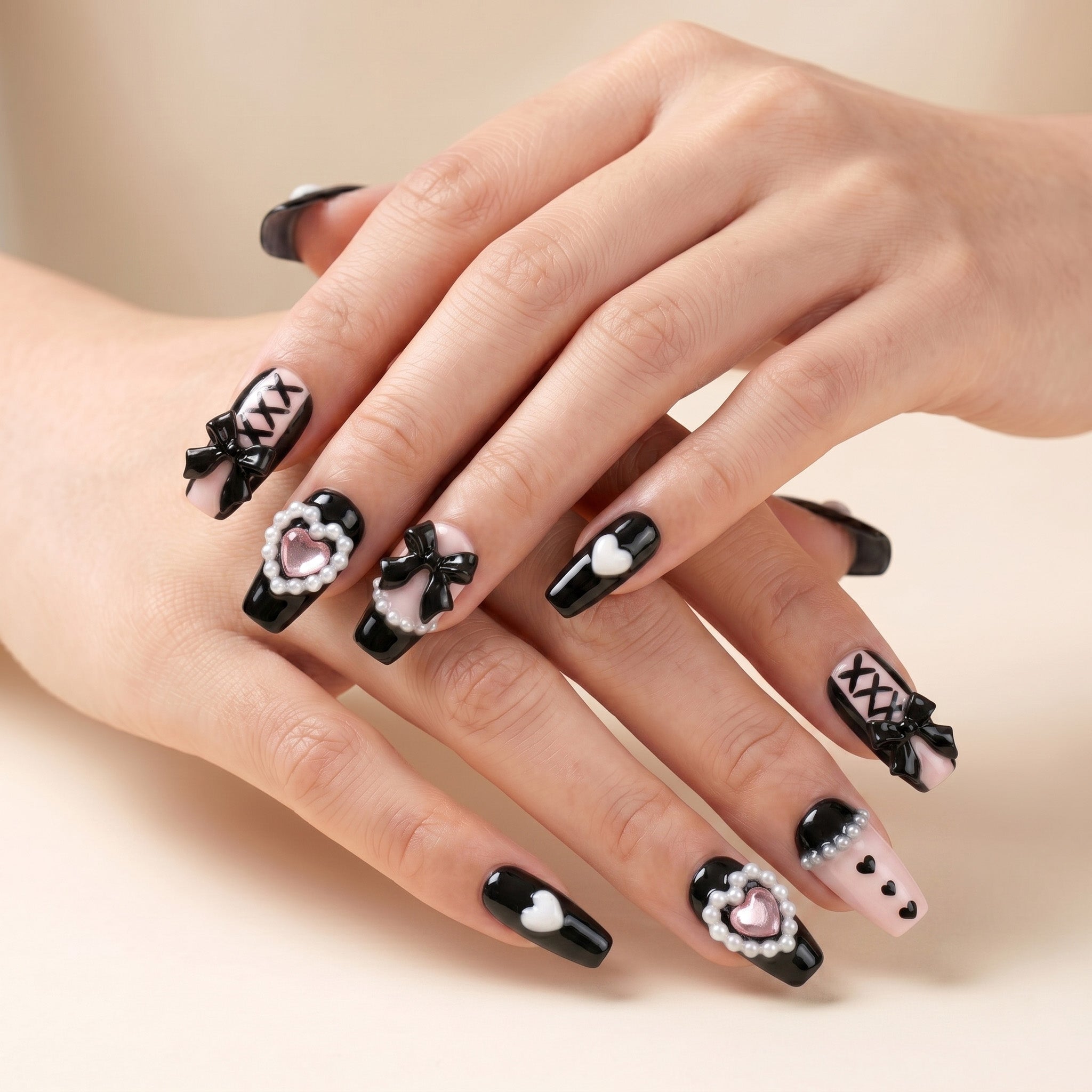 Handmade Short Coffin Ballerina Press-On Nails - Pink Black Bow 10 Pcs #149