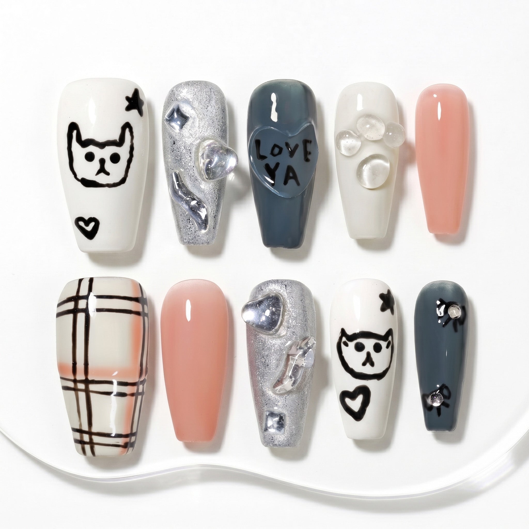 Handmade Medium Coffin Ballerina Press-On Nails - Pink White Grey Stripes Rhinestone Kitten 10 Pcs #150