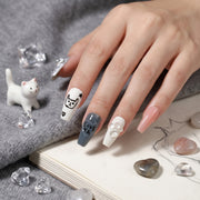 Handmade Medium Coffin Ballerina Press-On Nails - Pink White Grey Stripes Rhinestone Kitten 10 Pcs #150