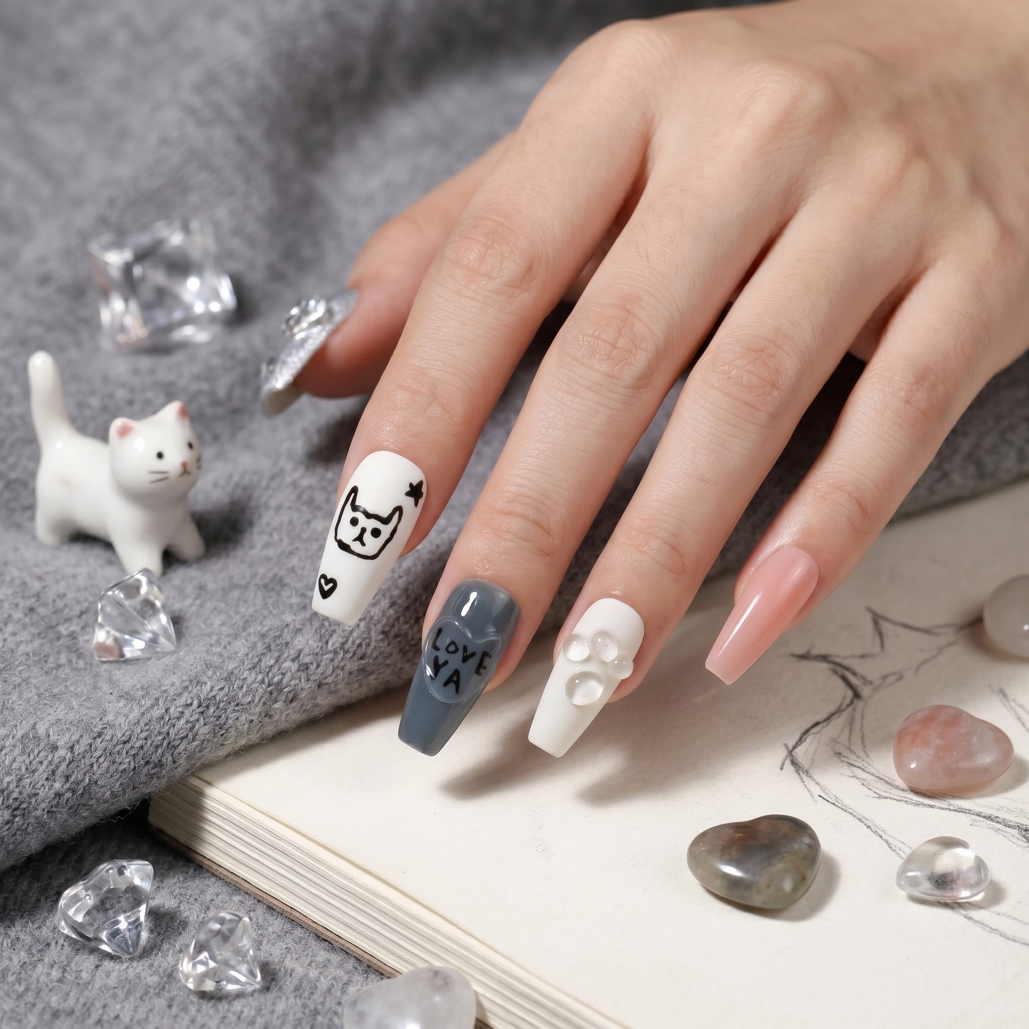 Handmade Medium Coffin Ballerina Press-On Nails - Pink White Grey Stripes Rhinestone Kitten 10 Pcs #150