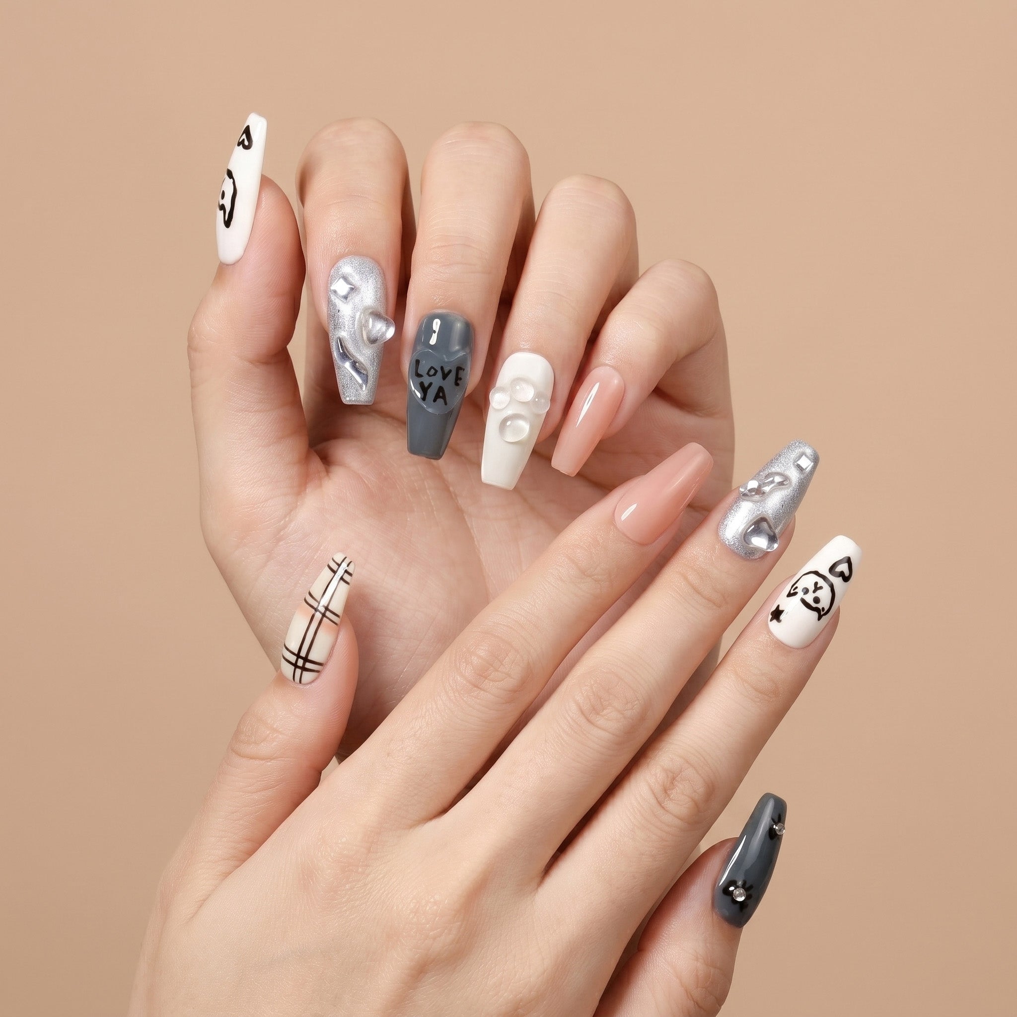 Handmade Medium Coffin Ballerina Press-On Nails - Pink White Grey Stripes Rhinestone Kitten 10 Pcs #150