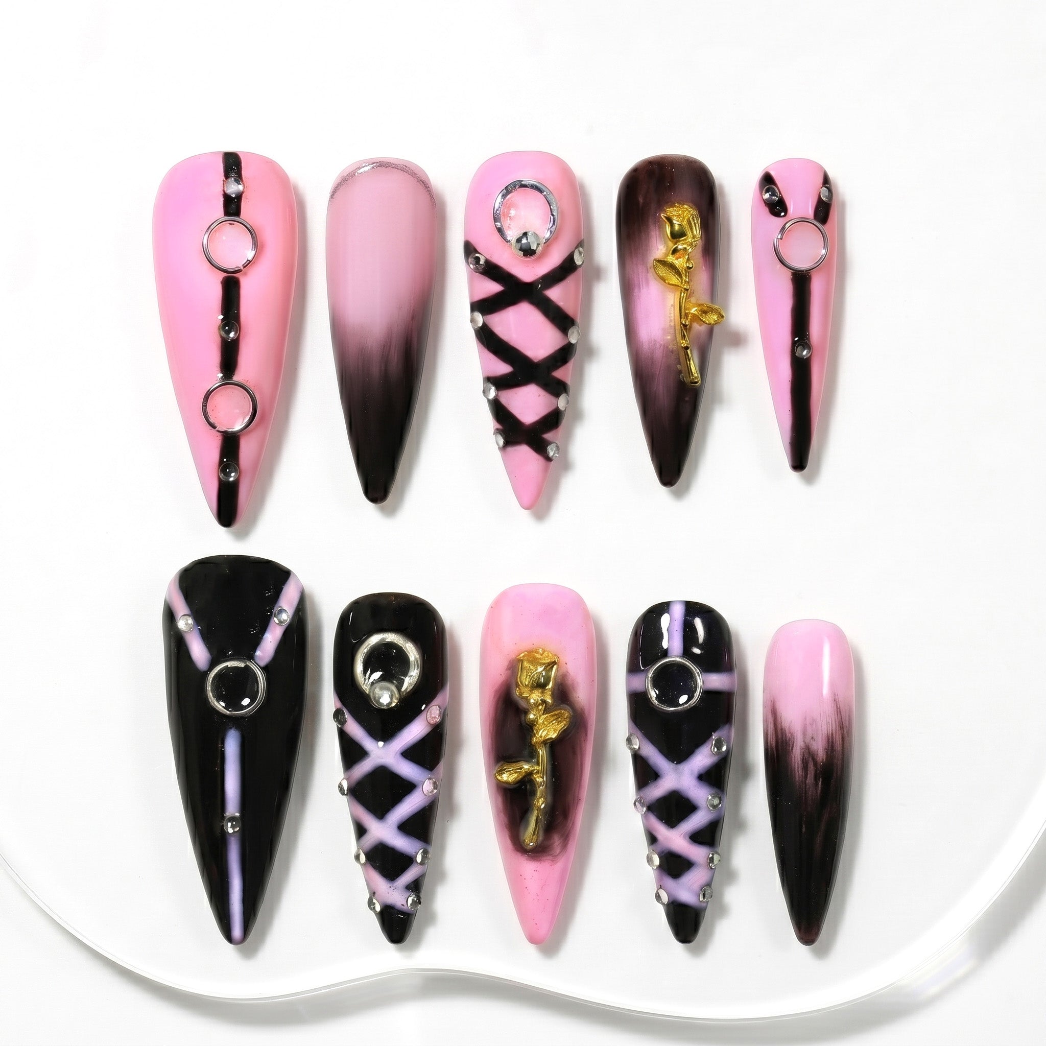 Handmade Long Stiletto Amlond Press-On Nails - Pink Black Gold 3D Hand-Painted Y2K 10 Pcs #152