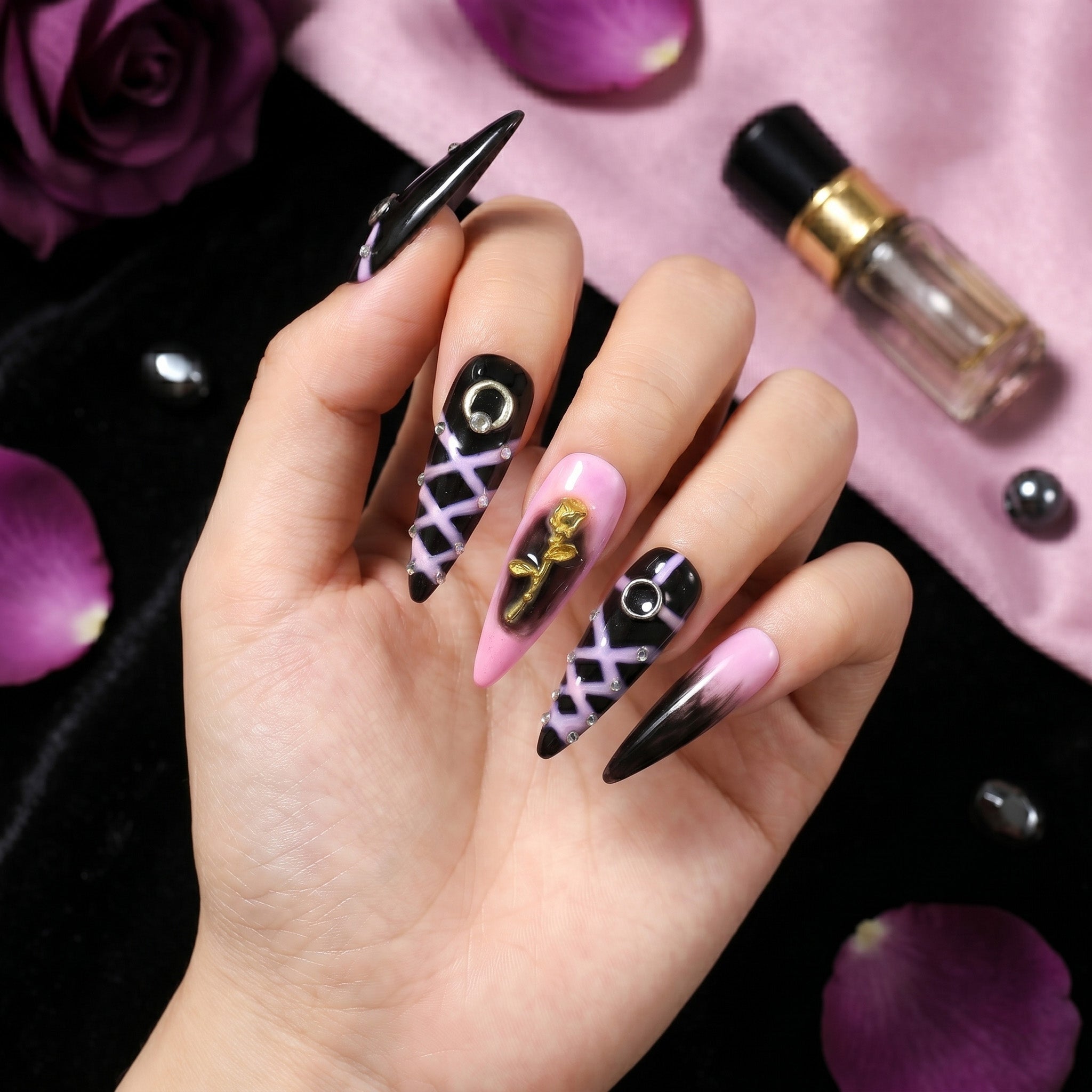 Handmade Long Stiletto Amlond Press-On Nails - Pink Black Gold 3D Hand-Painted Y2K 10 Pcs #152