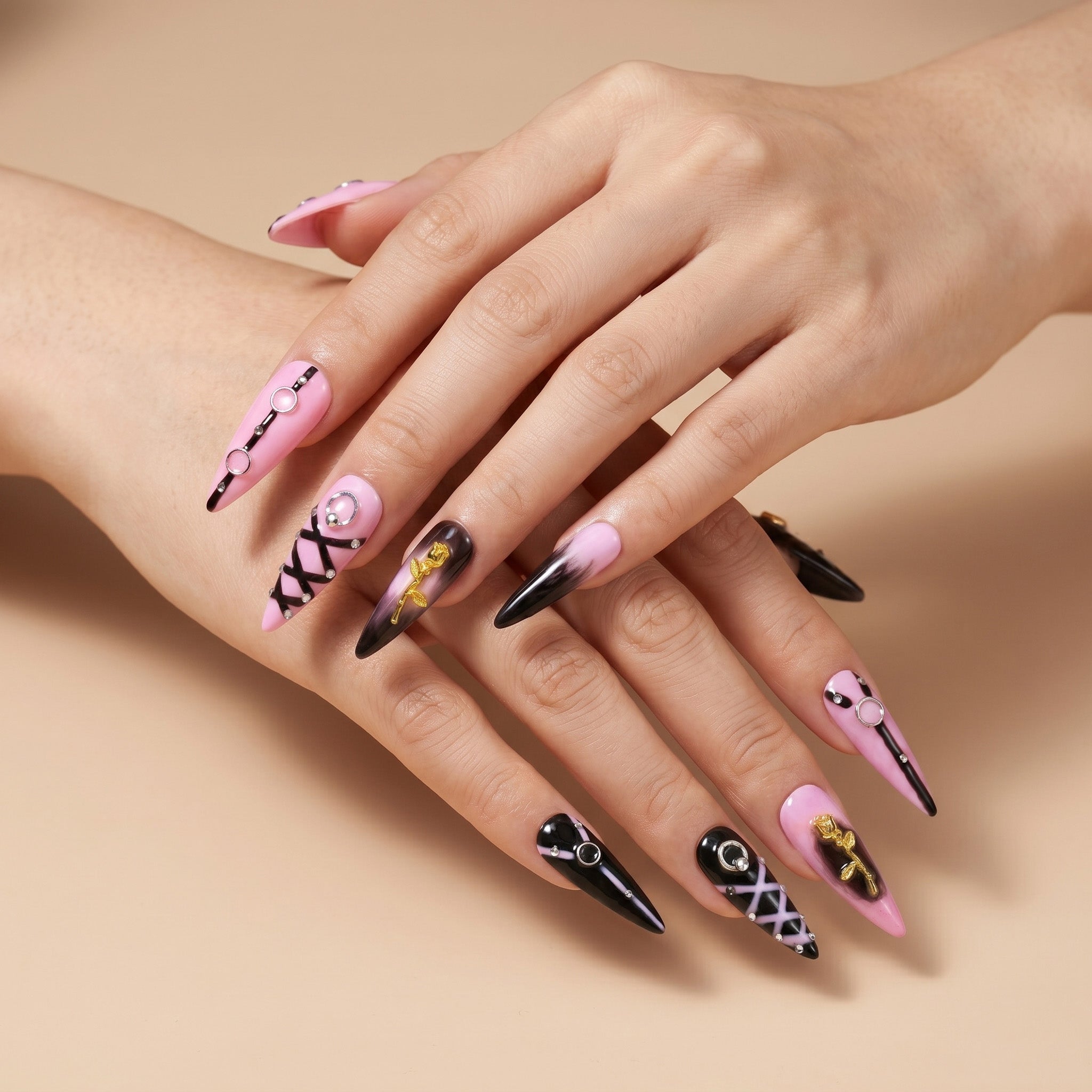 Ongles press-on faits main Long Stiletto Amande – Rose Noir Doré 3D Peint à la main Y2K 10 pièces #152