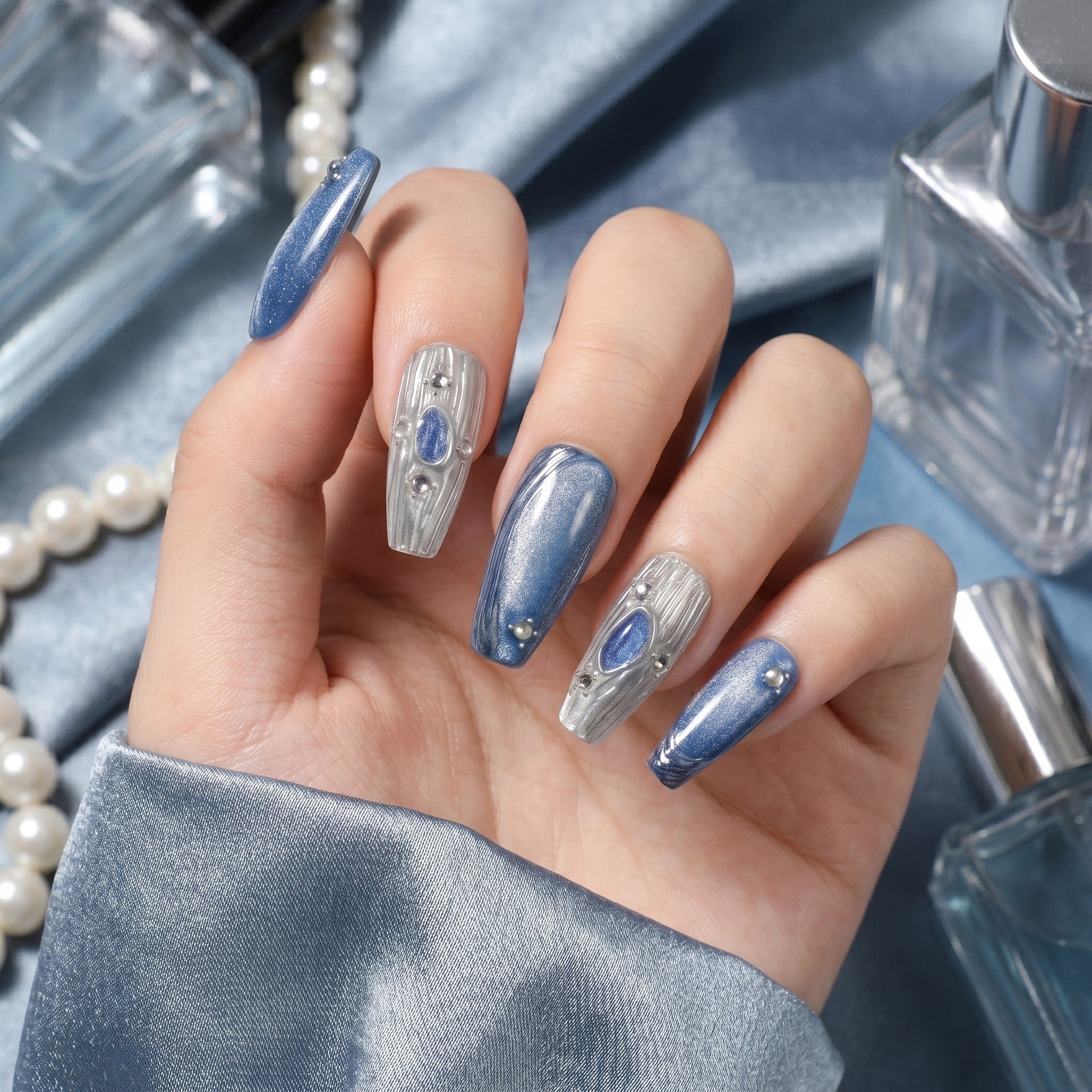 Handmade Medium Coffin Ballerina Press-On Nails - Blue Silver Rhinestone Glitter Ombre 10 Pcs #154