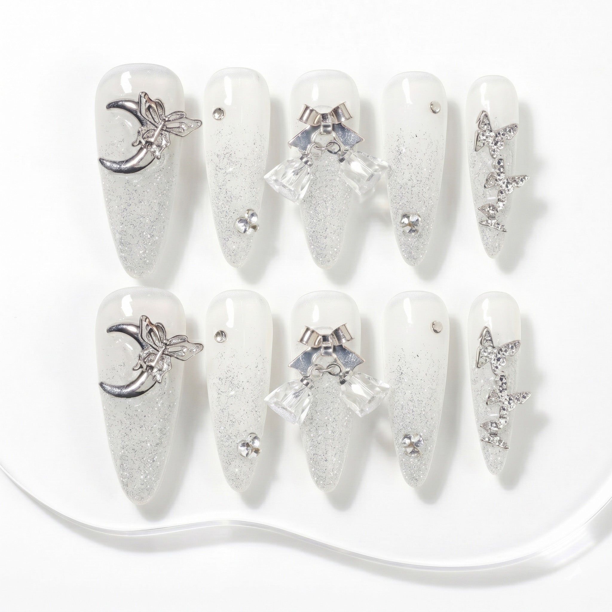 Handmade Long Stiletto Amlond Press-On Nails - White Silver 3D Gradation Sweet 10 Pcs #156