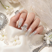 Handmade Long Stiletto Amlond Press-On Nails - White Silver 3D Gradation Sweet 10 Pcs #156