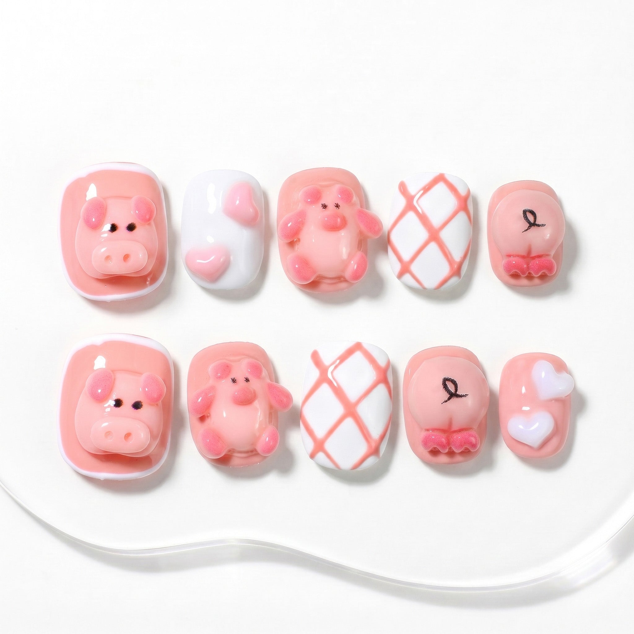 Handmade Short Squoval Round Press-On Nails - Pink White 3D Cartoon Japanese 10 Pcs #157