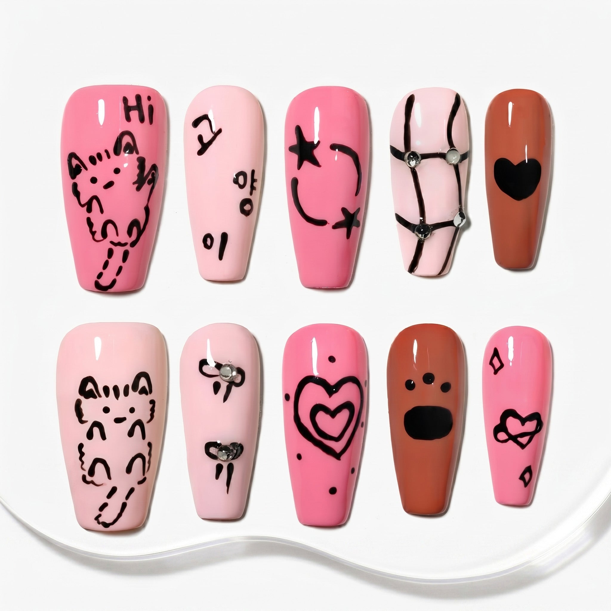 Ongles press-on faits main Moyen Coffin Ballerine – Rose Peint à la main Chaton Mignon 10 pièces #158