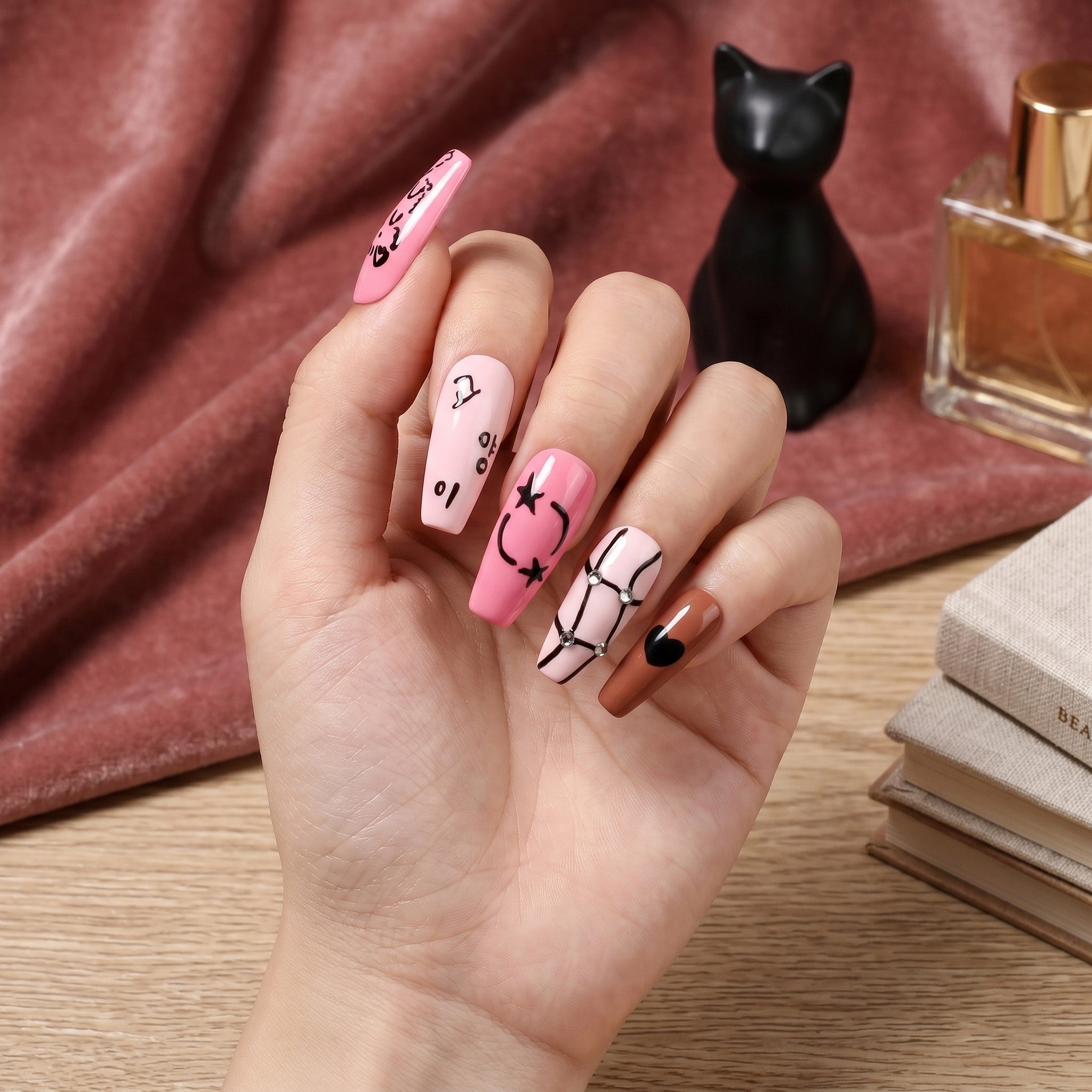 Ongles press-on faits main Moyen Coffin Ballerine – Rose Peint à la main Chaton Mignon 10 pièces #158