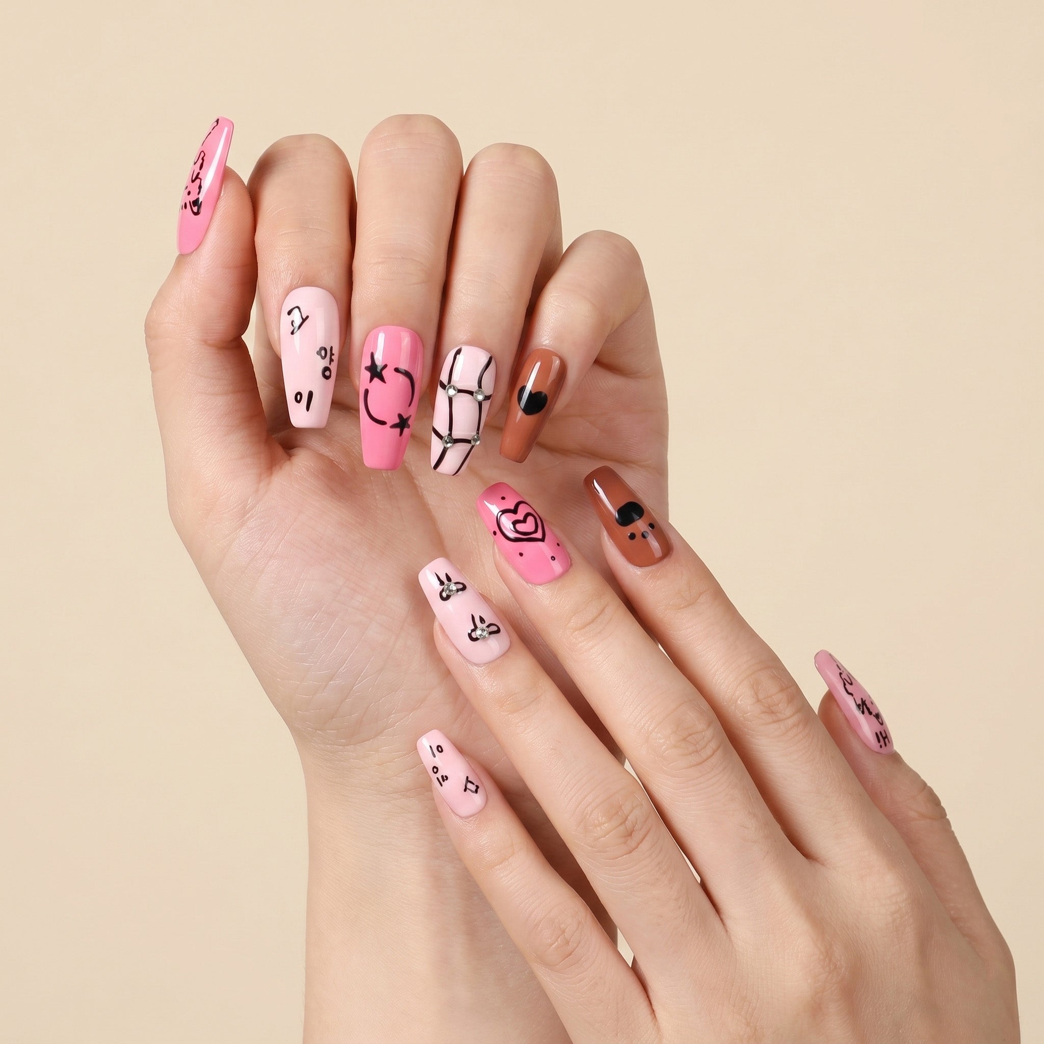 Handmade Medium Coffin Ballerina Press-On Nails - Pink Hand-Painted Kitten Sweet 10 Pcs #158