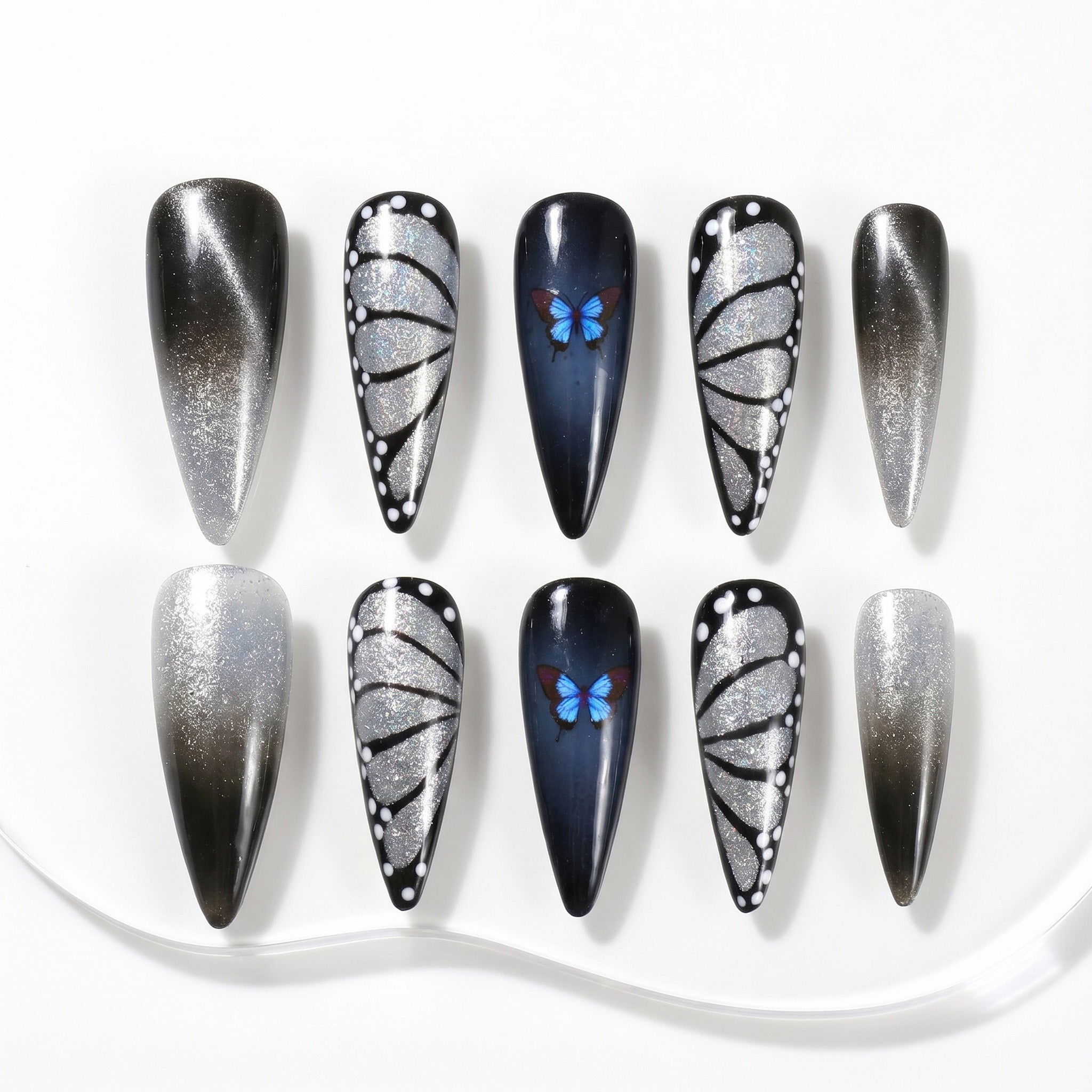 Handmade Long Stiletto Amlond Press-On Nails - Black Blue White Hand-Painted Butterfly Y2K 10 Pcs #160