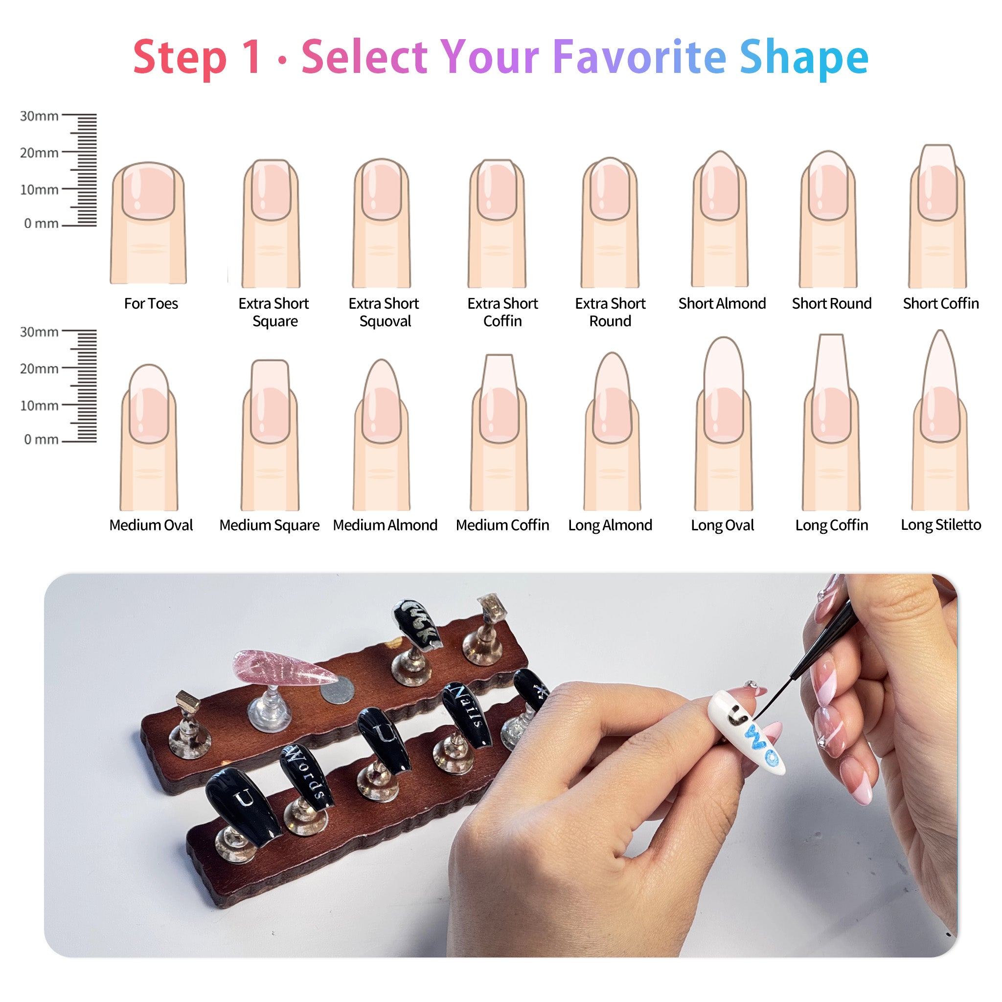 Sun&Beam Nails Hand-Drawn Custom Text Press-On Nails – Handmade Fake Nails – Choose Color, Shape, Size & Message 10 Pcs #C02