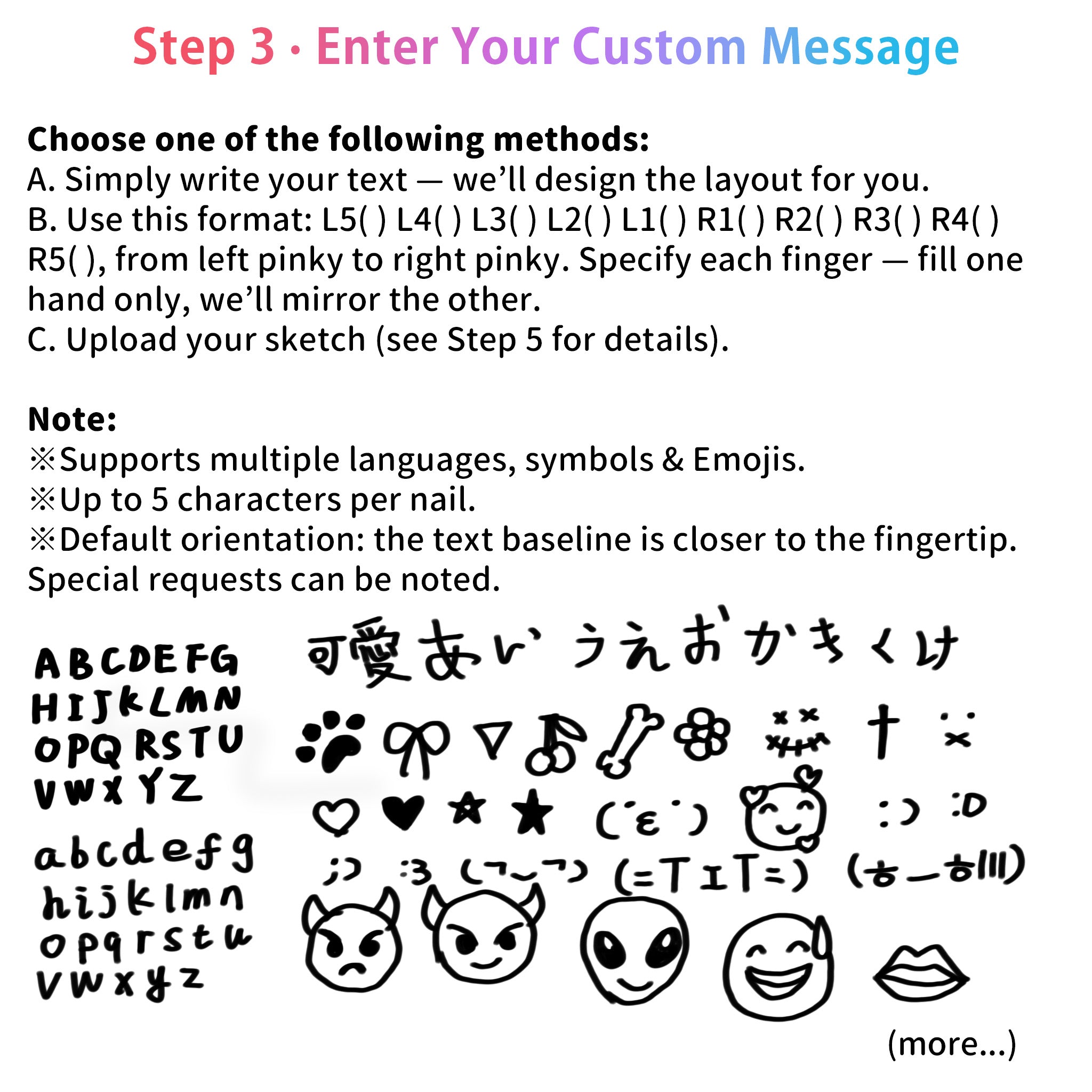 Sun&Beam Nails Hand-Drawn Custom Text Press-On Nails – Handmade Fake Nails – Choose Color, Shape, Size & Message 10 Pcs #C02