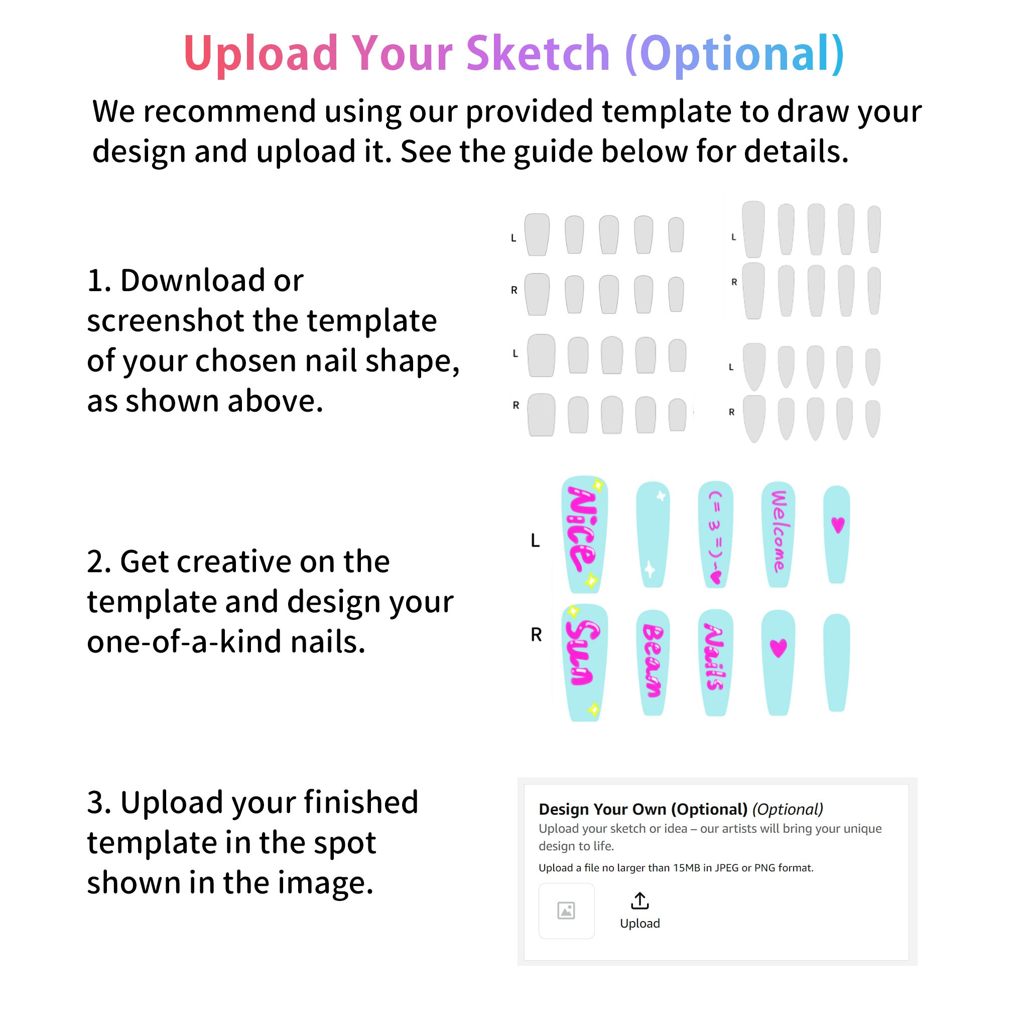 Sun&Beam Nails Hand-Drawn Custom Text Press-On Nails – Handmade Fake Nails – Choose Color, Shape, Size & Message 10 Pcs #C02