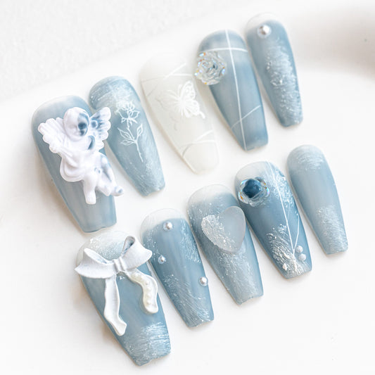 Handmade Press-on Nails Medium Long Coffin Ballerina Blue White Angle Ribbon Design 10Pcs HM008