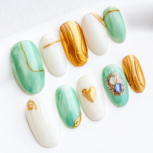 Handmade Press-on Nails Medium Long Oval Green White Gold Design 10Pcs HM006