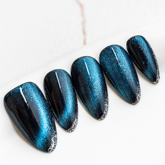 Handmade Press-on Nails Medium Long Amlond Blue Black Cat Eye Design 10Pcs HM012