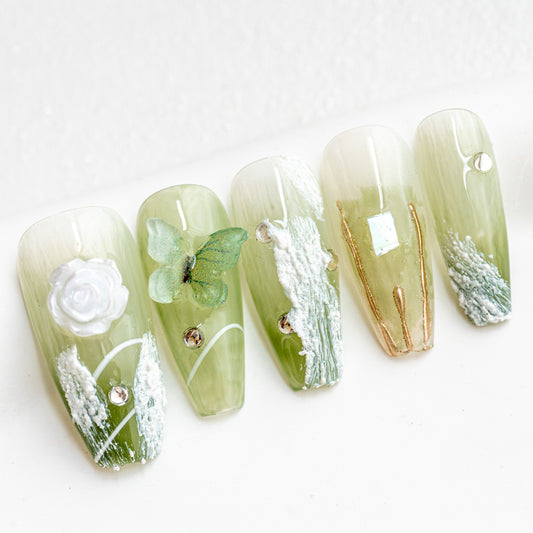 Handmade Press-on Nails Medium Long Coffin Ballerina Green White Flower Butterfly Design 10Pcs HM009