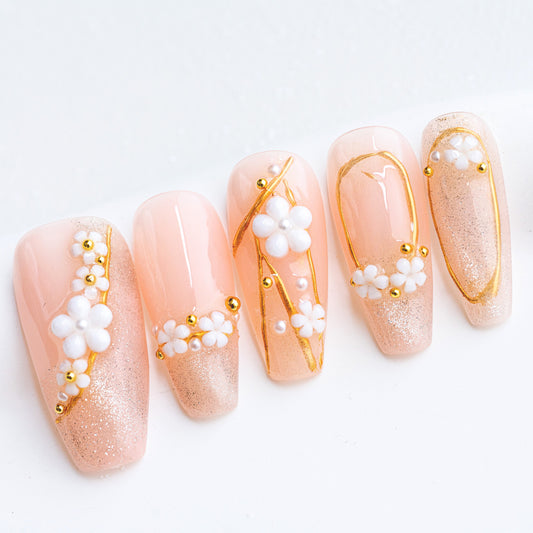 Handmade Press-on Nails Medium Long Coffin Ballerina Pink Gold Flower Design 10Pcs HM010