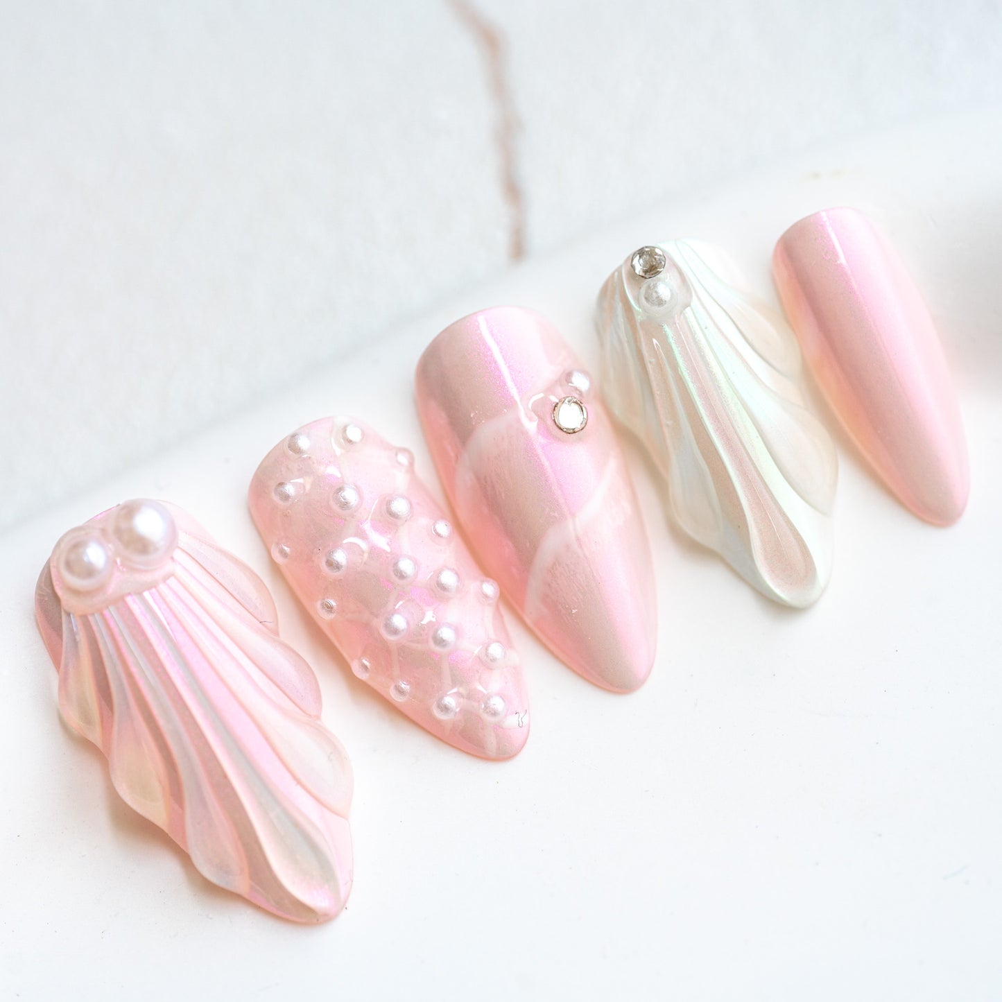 Handmade Press-on Nails Medium Long Amlond Pink White Mermaid Design 10Pcs HM011