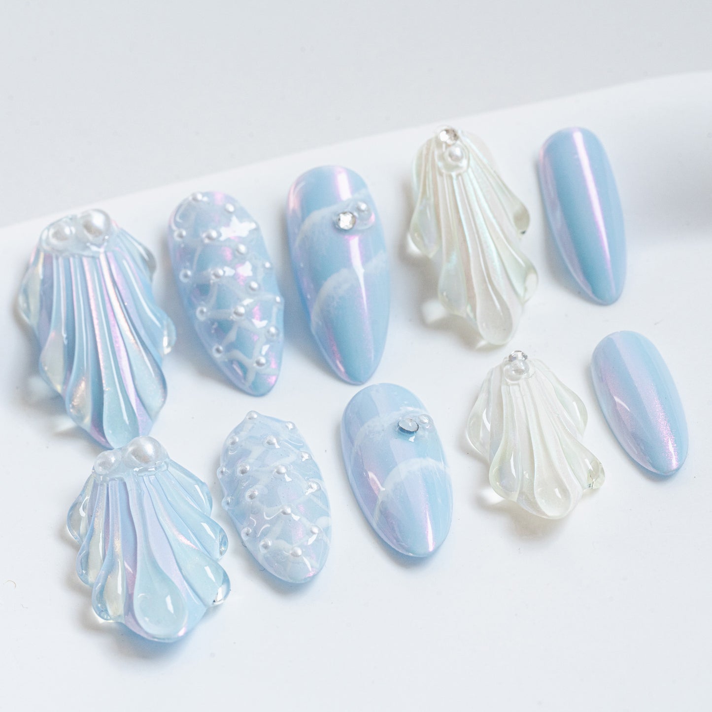 Handmade Press-on Nails Medium Long Amlond Blue White Mermaid Design 10Pcs HM028