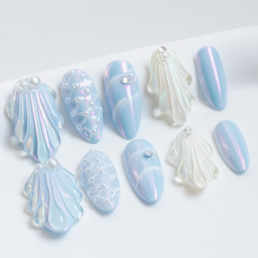 Handmade Press-on Nails Medium Long Amlond Blue White Mermaid Design 10Pcs HM028