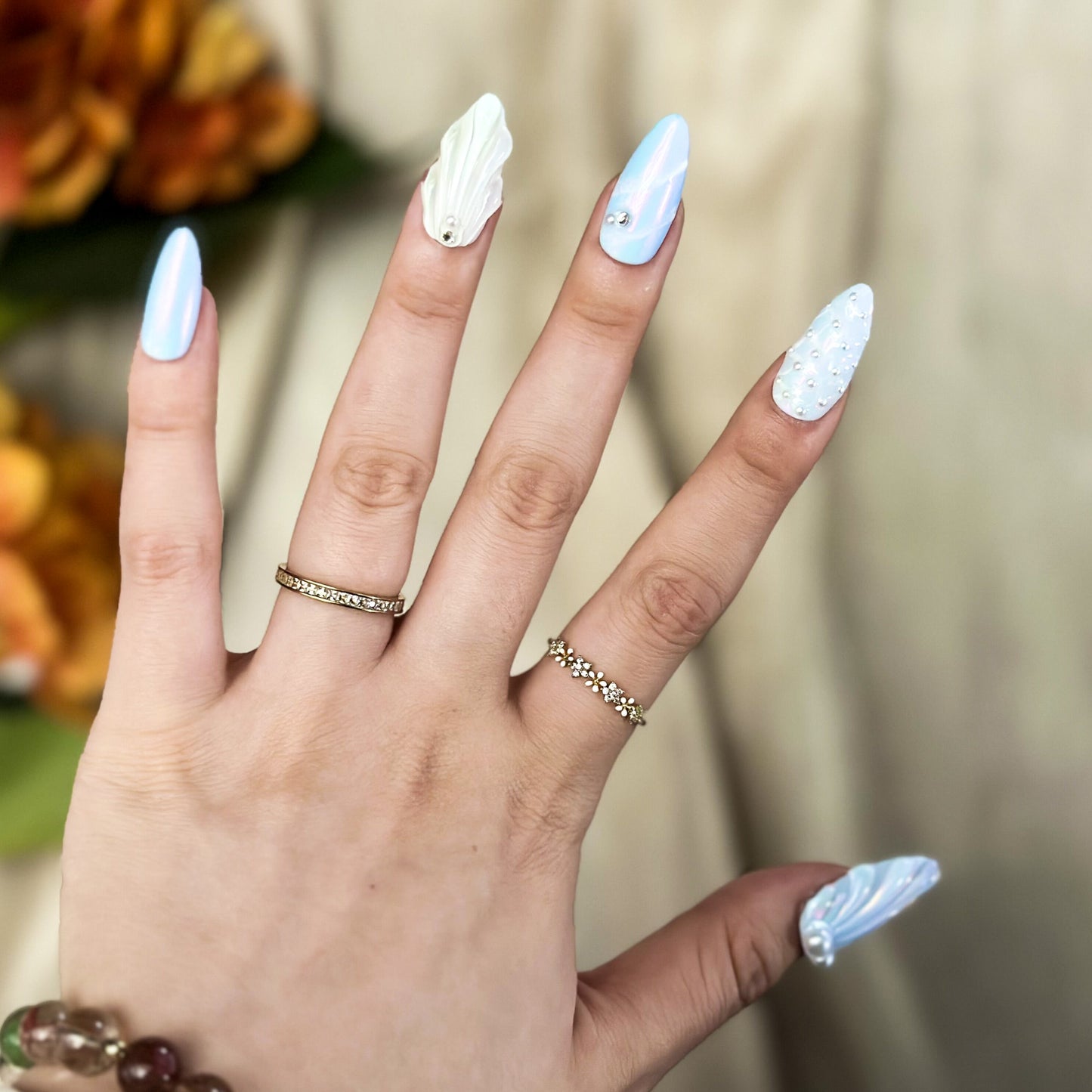 Handmade Press-on Nails Medium Long Amlond Blue White Mermaid Design 10Pcs HM028