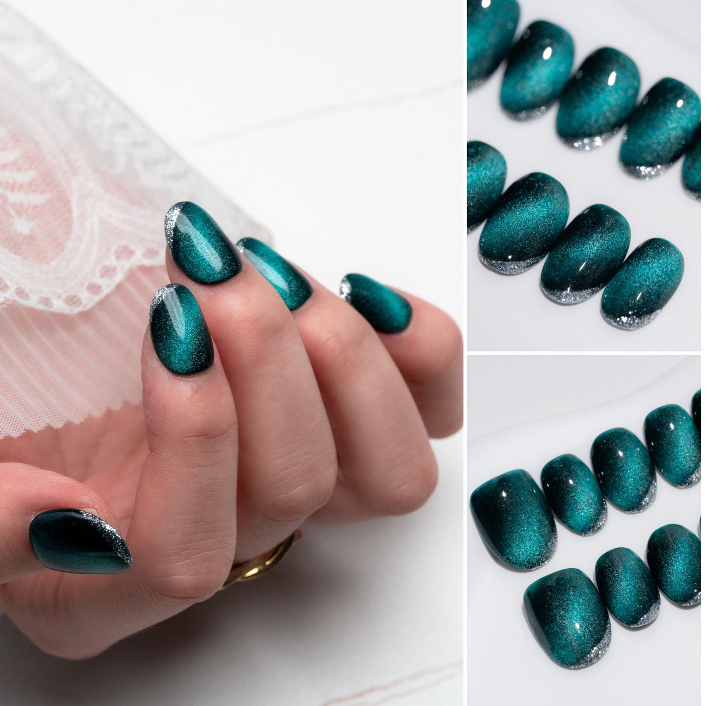 Handmade Press-on Nails Short Round Green Sliver Cat Eye Design 10Pcs HM036