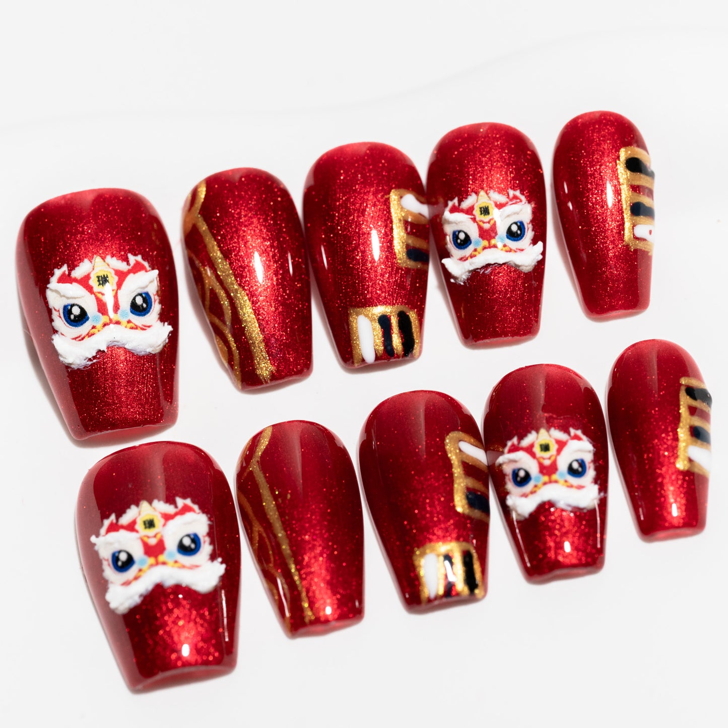 Handmade Press-on Nails Short Coffin Ballerina Red Lion Design 10Pcs HM016