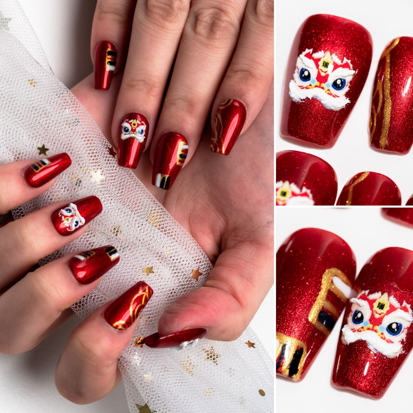 Handmade Press-on Nails Short Coffin Ballerina Red Lion Design 10Pcs HM016