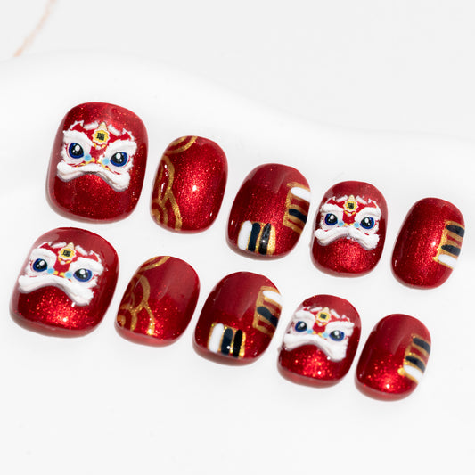 Handmade Press-on Nails Short Round Red Colourful Lion Design 10Pcs HM040