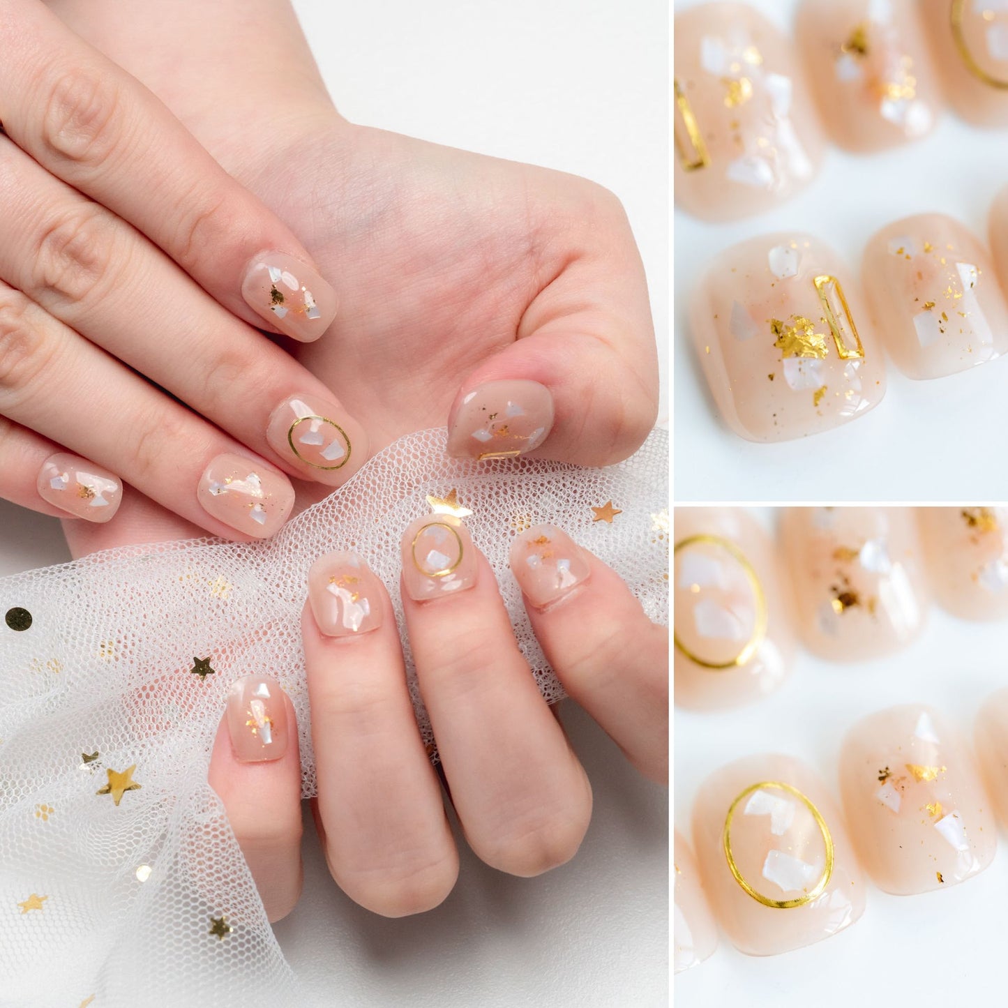 Handmade Press-on Nails Short Squoval Round Beige Gold Shell Design 10Pcs HM039