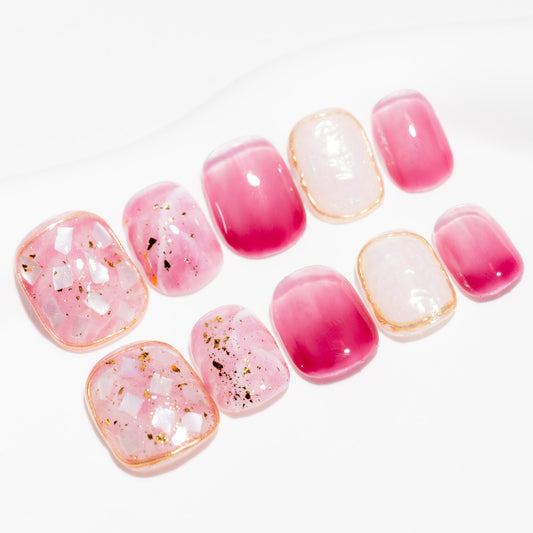 Handmade Press-on Nails Short Squoval Round Pink White Gold Shell Pearl Design 10Pcs HM038