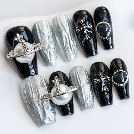 Handmade Press-on Nails Medium Long Coffin Ballerina Black Sliver Cross Pearl 3D Design 10Pcs HM044