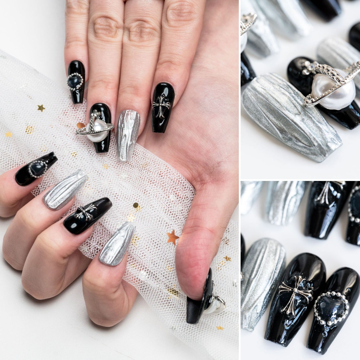 Handmade Press-on Nails Medium Long Coffin Ballerina Black Sliver Cross Pearl 3D Design 10Pcs HM044