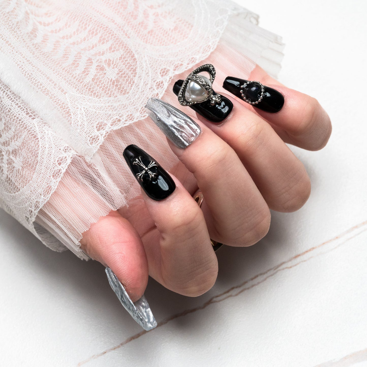 Handmade Press-on Nails Medium Long Coffin Ballerina Black Sliver Cross Pearl 3D Design 10Pcs HM044