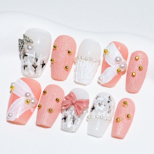 Handmade Press-on Nails Short Coffin Ballerina Pink White Gold Pearl Butterfly Design 10Pcs HM050