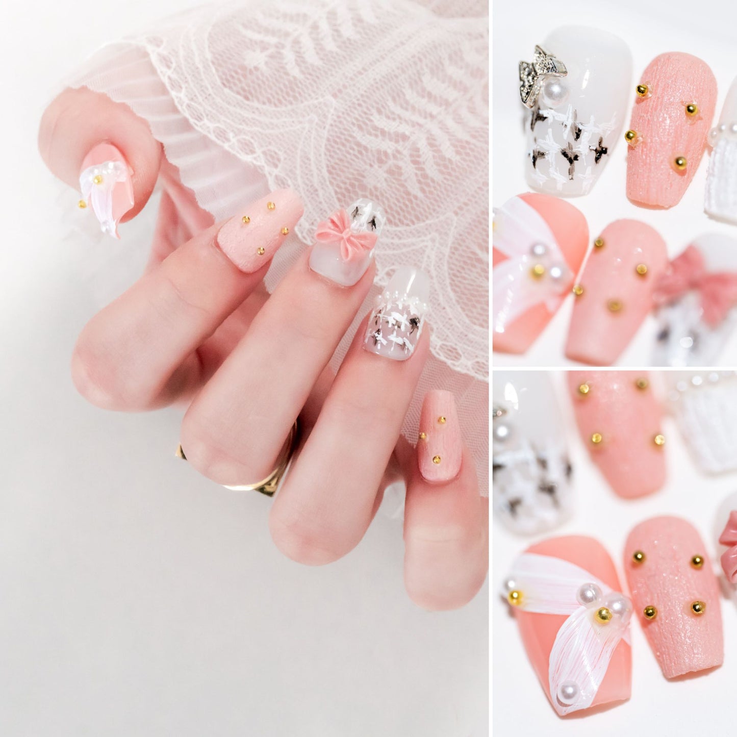 Handmade Press-on Nails Short Coffin Ballerina Pink White Gold Pearl Butterfly Design 10Pcs HM050