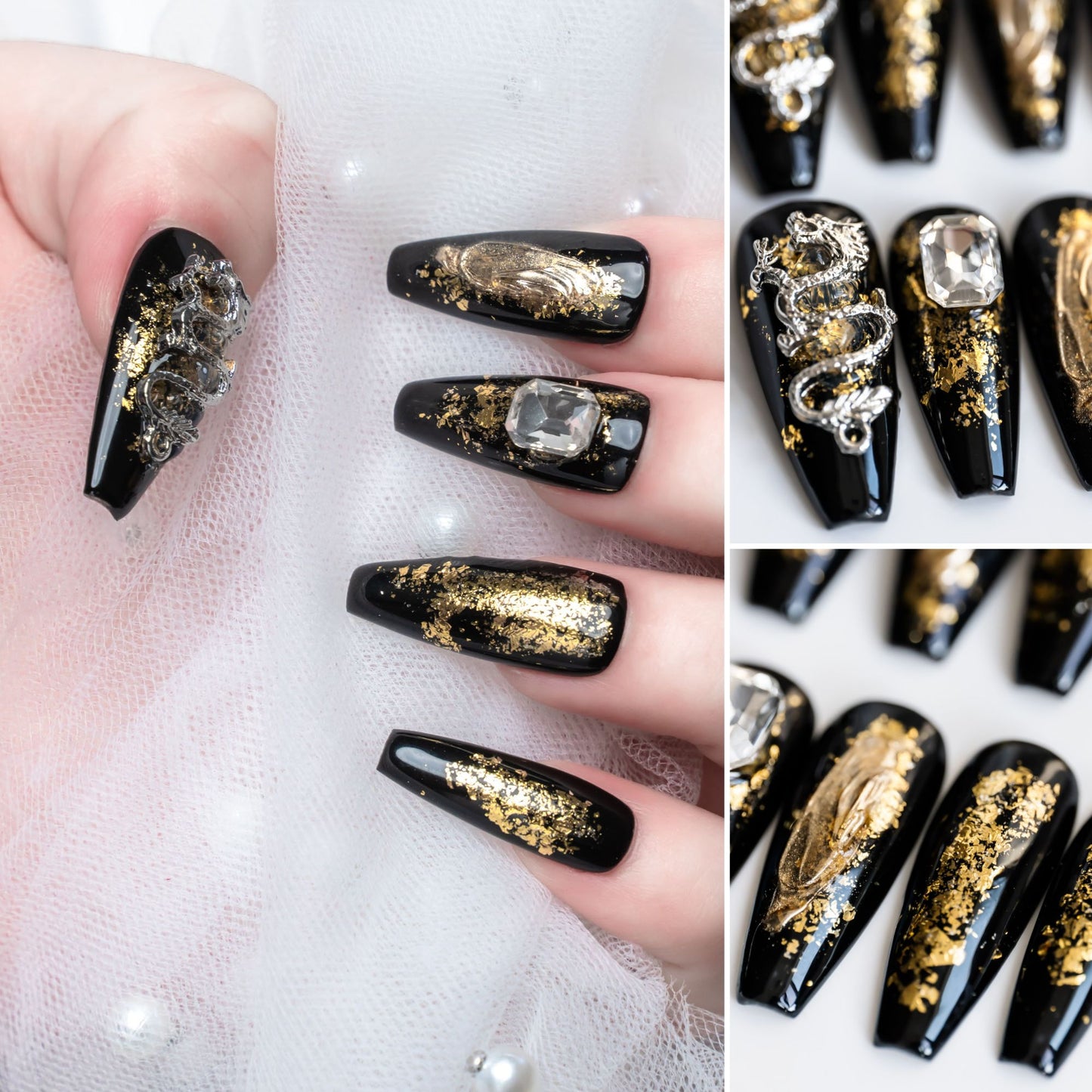 Handmade Press-on Nails Medium Long Coffin Ballerina Black Gold Dragon Design 10Pcs HM052