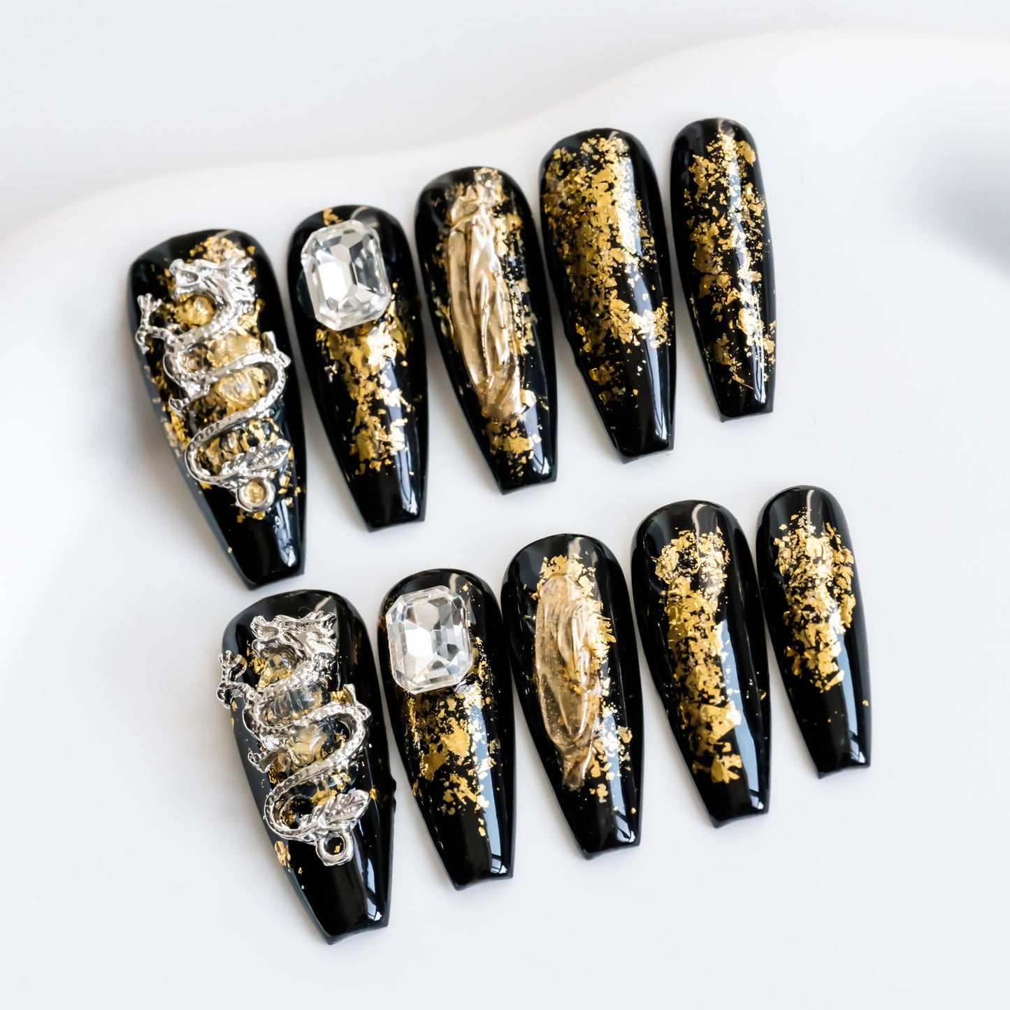 Handmade Press-on Nails Medium Long Coffin Ballerina Black Gold Dragon Design 10Pcs HM052