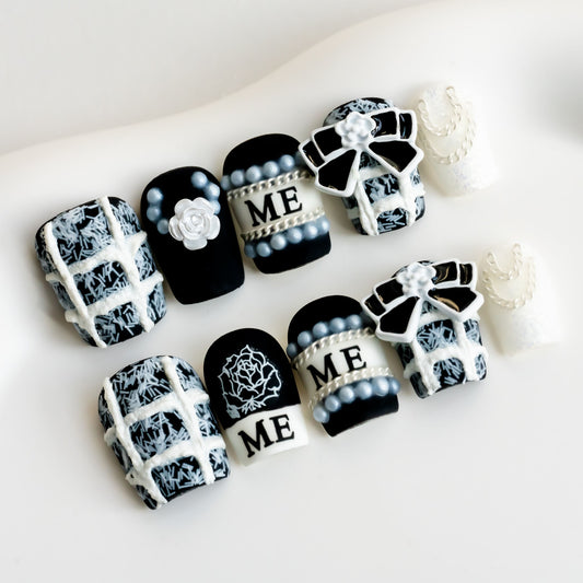 Handmade Press-on Nails Short Square Black White Tweed Flower 3D Design 10Pcs HM048